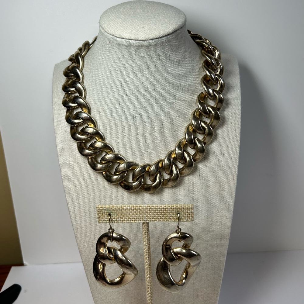 Silver electroplated or toned lightweight large link necklace earrings set